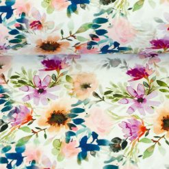 Bomuldsjersey med blomster på hvid bund