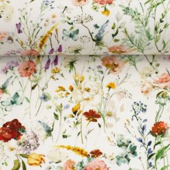 Bomuldsjersey med blomster på hvid bund