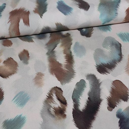 Vævet viskose med stretch i nude med blå/brun print