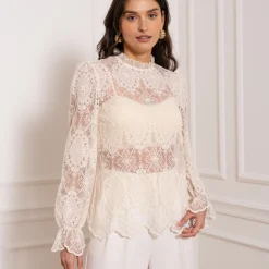 Ecru blondebluse med høj hals - small