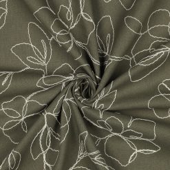 Khaki viskose/hørblanding med broderede blomster
