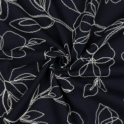 Navy viskose/hørblanding med broderede blomster