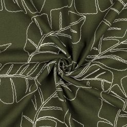 Khaki viskose/hørblanding med broderede blade