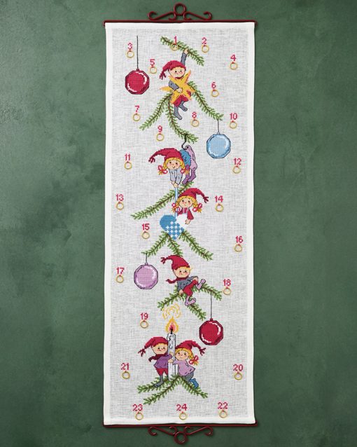 34-6274 Julekalender broderikit - Nisser og kugler 35x95 cm
